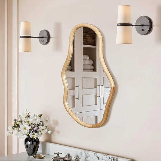 LuxenHome Asymmetrical Natural Wall Mirror for Bathroom, Large Irregular Oval Modern Decorative Vanity Mirror with Solid Wood Frame, Wall Mounted Hanging Sculptures for Living Room Bedroom Entryway