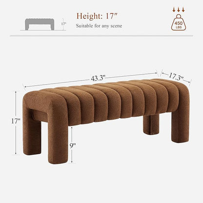 43’’ End of Bed Bench, Modern Boucle Entryway Bench, Upholstered Ottoman Stool with Full Coverage Fabrics, Ottoman for Bedroom, Living Room, Dining Room, Rust Brown