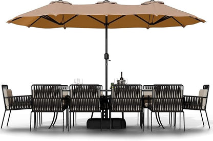 Shintenchi 16FT Large Patio Umbrella with Base, Outdoor Double-Sided Rectangular Umbrella, Market Umbrella with Crank Handle for Poolside Lawn Garden, Khaki