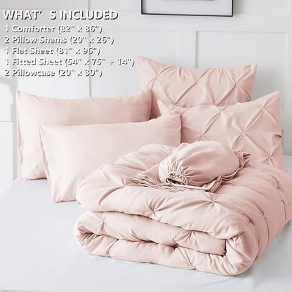 CozyLux Full Size Comforter Sets Blush Pink, 7 Pieces Pintuck Bed in A Bag Pink Comforter Full Size, Pinch Pleat Bedding Sets with All Season Comforter, Sheets, Pillowcases & Shams