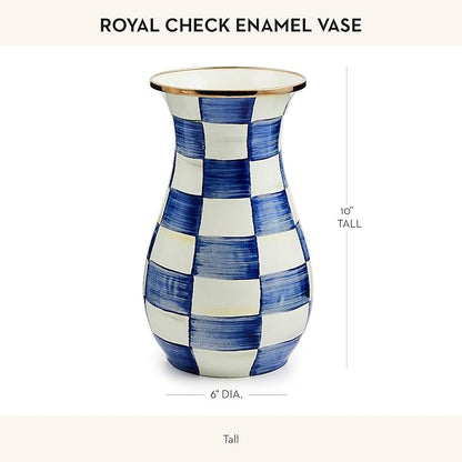 MACKENZIE-CHILDS Tall Enamel Vase, Unique Flower Vase, Decorative Table Decor for Living Room, Blue-and-White Royal Check