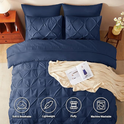 CozyLux Full Size Comforter Sets Navy Blue, 7 Pieces Pintuck Bed in A Bag Blue Comforter Full Size, Pinch Pleat Bedding Sets with All Season Comforter, Sheets, Pillowcases & Shams