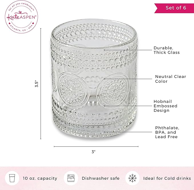 Kate Aspen Hobnail Beaded Floral Clear Drinking Glasses Set of 6, (10 oz) Vintage Glassware Set Cocktail Glass Set, Juice Glass, Water Cups | Great Hostess Gift & Gift for New Home Owners