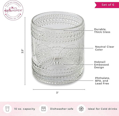 Kate Aspen Hobnail Beaded Floral Clear Drinking Glasses Set of 6, (10 oz) Vintage Glassware Set Cocktail Glass Set, Juice Glass, Water Cups | Great Hostess Gift & Gift for New Home Owners