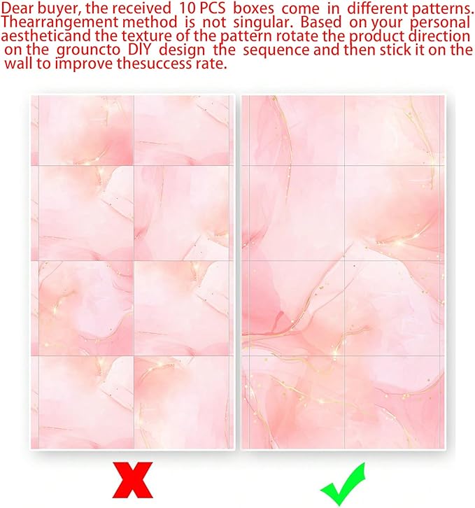 10pcs Marble Peel and Stick Backsplash Waterproof Washroom Wall Panels, Peel and Stick Tile, PVC Foam Wall Panels for Kitchen,Bathroom,Living Room,Pink Wallpaper(Not Real Tile,11.8" x 11.8")