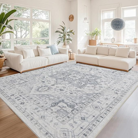 Area Rugs 5x7 Washable Area Rugs for Living Room- Ultra Soft Non-Shedding Faux Wool Bedroom Rug Grey Vintage Print Rugs Non Slip Dining Room Rugs Large Floor Carpet for Farmhouse Home Office