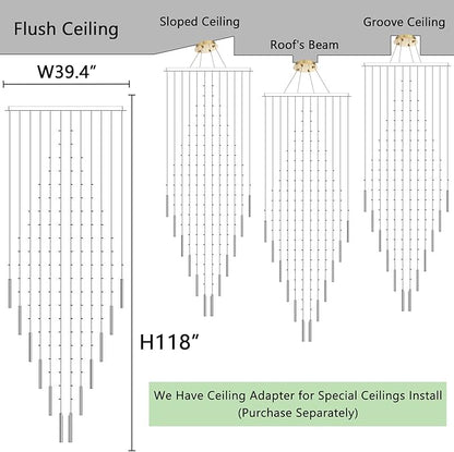 W40 x H120 Glam Chandelier with LED Bulbs Square Chandeliers, Crystal Raindrop High Ceiling Pendant Light for Entrance Large Villa Foyer Lighting Fixtures Gold
