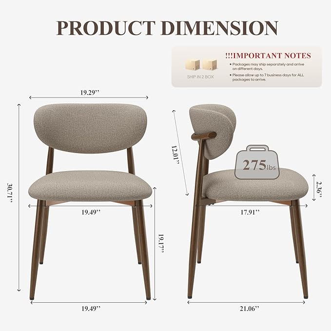 Dining Chairs Set of 4, Upholstered Dining Room Chairs with Metal Legs and Anti Slip Pads, Curved Back Wood Kitchen Chair for Home and Restaurant Use, Camel