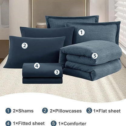 Geniospin Queen Comforter Set - 7 Pieces Comforter Queen Size, Soft Solid Bedding Set for All Season, Textured Bed in a Bag with Sheets, Pillowcases & Shams (Navy Blue, 90''x90'')