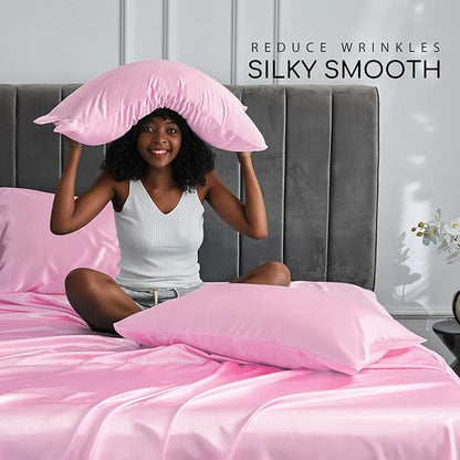 MR&HM Satin Bed Sheets, King Size Sheets Set, 4 Pcs Silky Bedding Set with 15 Inches Deep Pocket for Mattress (King, Pink)