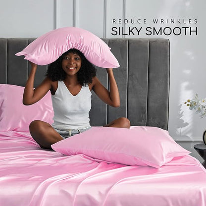 MR&HM Satin Bed Sheets, Queen Size Sheets Set, 4 Pcs Silky Bedding Set with 15 Inches Deep Pocket for Mattress (Queen, Pink)