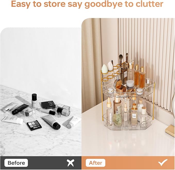 Corner Bathroom Counter Organizer with Makeup Brush Holder & Toothbrush Holders, Makeup Organizer for Vanity Countertop, Acrylic Skincare Storage Shelf (Clear, 2-Tier)