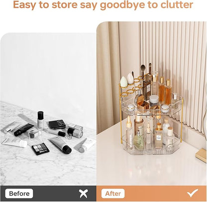 Corner Bathroom Counter Organizer with Makeup Brush Holder & Toothbrush Holders, Makeup Organizer for Vanity Countertop, Acrylic Skincare Storage Shelf (Clear, 2-Tier)