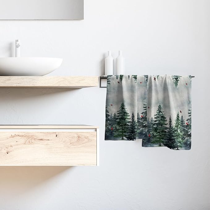 Winter Snow Forest Hand Towels 2 Pack Christmas Pine Trees Cardinal Holiday Face Towels Soft Absorbent Kitchen 14x28