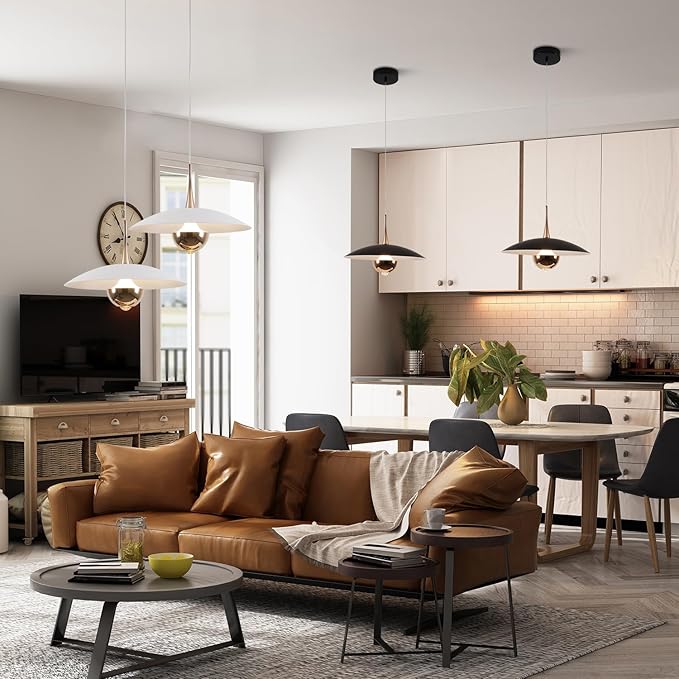 Farmhouse Large Pendant Light Mid Century Modern Ceiling Lights Fixture with White Dome Metal Lampshade Vintage Led Pendant Lighting for Kitchen Hallway Bedroom