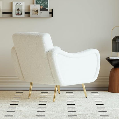 homary White Boucle Accent Chair with Gold Metal Legs, Modern Plush Armchair for Living Room, Reading Chair with High-Density Foam Cushion