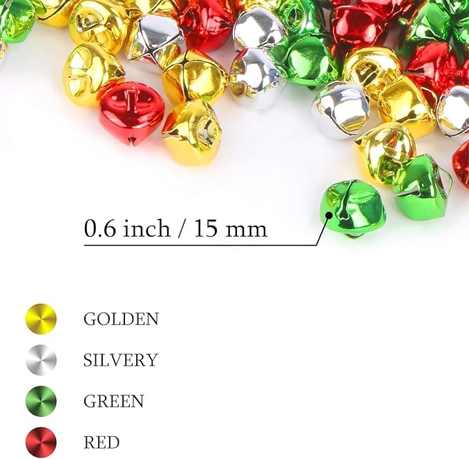 Augshy 240 Pieces Jingle Bells 3/5 Inch Craft Bell Bulk for Christmas Home and Pet Decorations Xmas Decor Party Favors Supplies (Gold Silver Red Green)