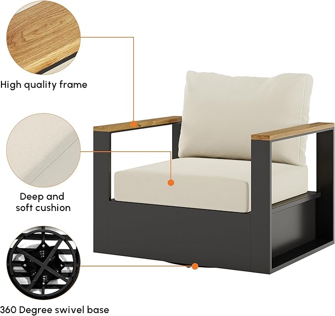 homary Outdoor Swivel Chair, Patio Chair Outdoor Seating with Beige Cushions, Aluminum Frame & Wood Accents, 360° Rotating Base, Weather-Resistant Upholstery for Patio or Deck