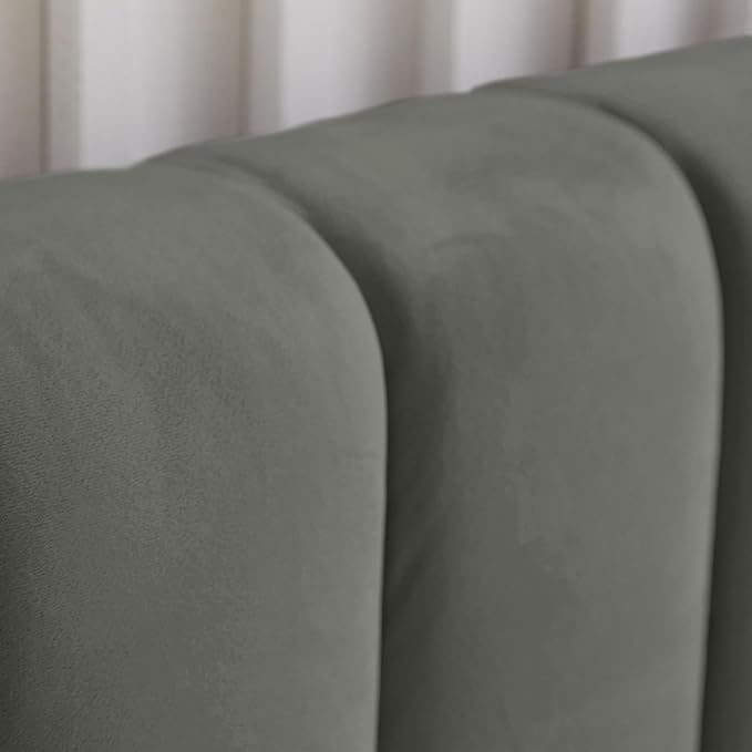 Livinia Twin Size Elton Velvet Platform Bed, Upholstered Bed Frame with Vertical Channel Tufted Headboard Footboard, Strong Wood Slats, No Box Spring Needed, Gray (Twin)