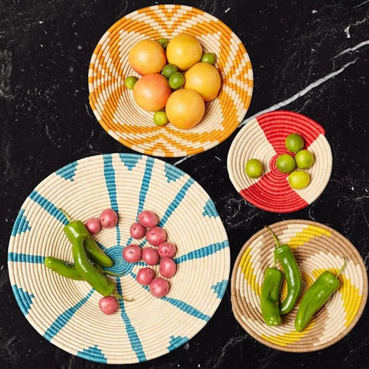 Bright Solid Colors Raffia Woven Fruit Bread Decorative Tray Set