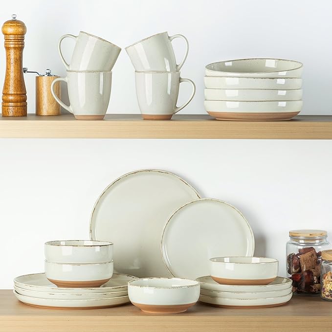 AmorArc 16 Pieces Ceramic Dinnerware Sets for 4, Handpainted Plates and Bowls Set with Rustic Terracotta Underside, Scratch Resistant Stoneware Dishes Set, Dishwasher & Microwave Safe, Light Beige