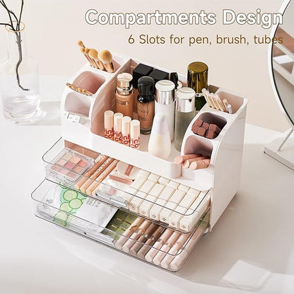 Makeup Organizer for Vanity with 2 Large Drawers, Cosmetic Display Case with Brush Holders, Easy to Storage for Bathroom Countertop Skincare, Desk Office Supplies, White