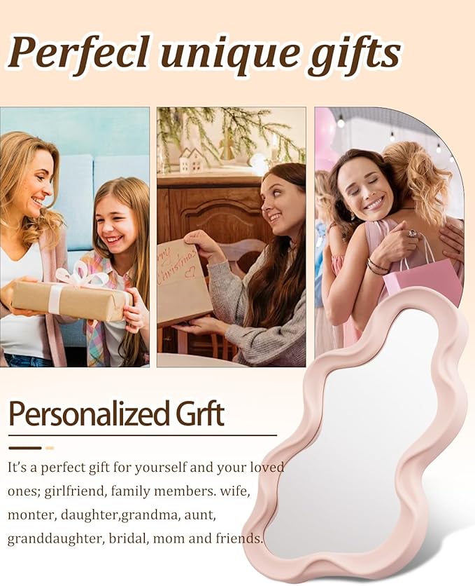 Funky Small Decorative Wall Mirror - Pink Asymmetrical Wavy Design,Hanging Mirror for Bedroom, Bathroom Entryway Modern Irregular Squiggly Shape,Compact Size, Easy Install