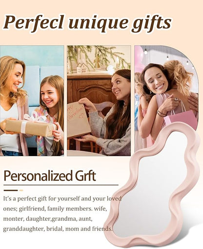 Funky Small Decorative Wall Mirror - Pink Asymmetrical Wavy Design,Hanging Mirror for Bedroom, Bathroom Entryway Modern Irregular Squiggly Shape,Compact Size, Easy Install