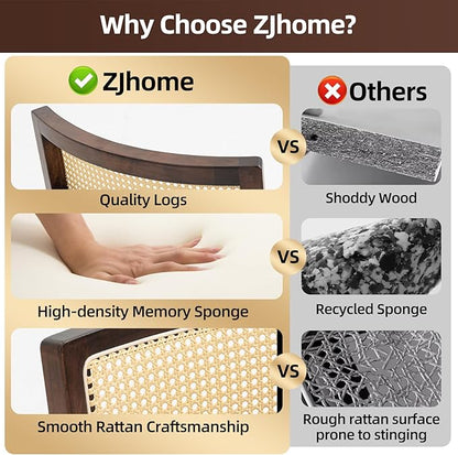 Upholstered Rattan Dining Chairs Set of 4, Mid-Century Modern Fabric Dining Room Chair with Brown Hardwood Frame, Curved Backrest Kitchen Chairs for Living Room (Cream)