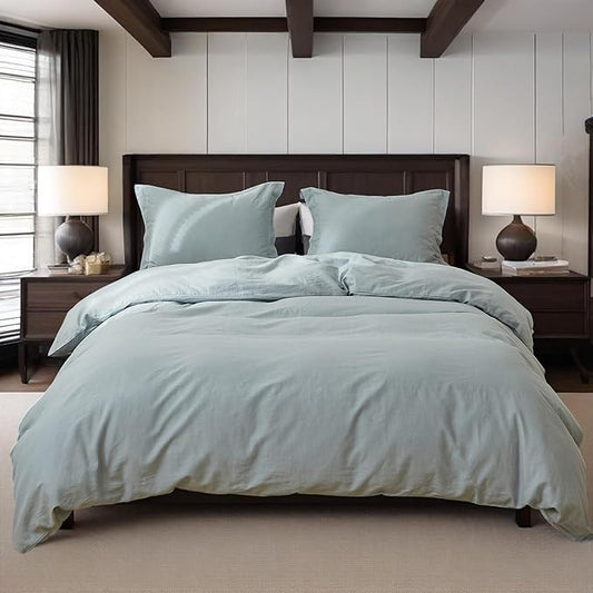 Simple&Opulence 100% Linen Duvet Cover Set, 3 PCS Natural French Flax Dusty Blue Duvet Cover Queen Size, Breathable Soft Comfy Linen Bedding Comforter Cover with 2 Pillowcases(Dusty Blue, 88"x92")