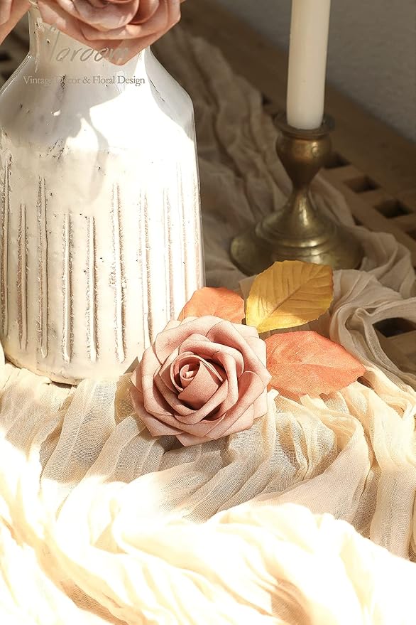 Floroom Artificial Flowers 25pcs Real Looking Warm Taupe Foam Fake Roses with Stems for DIY Wedding Bouquets Bridal Shower Centerpieces Floral Arrangements Party Tables Home Decorations