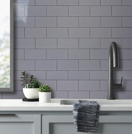 AULIGET 3" x 6" Subway Tile Peel and Stick Backsplash, Thick PVC Stick on Wall Tiles (100, Polished Grey Tile Look)