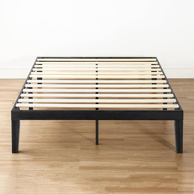 Mellow Naturalista Classic 16 Inch Solid Wood Platform Bed with Wooden Slats, Black, Queen