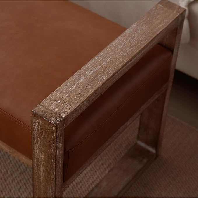 Kmax Entryway Bench, Wooden Upholstered Bench for Bedroom End of Bed with Hollow Arms Farmhouse for Entry Way Bedroom Living Room - PU, Brown