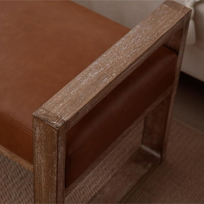 Kmax Entryway Bench, Wooden Upholstered Bench for Bedroom End of Bed with Hollow Arms Farmhouse for Entry Way Bedroom Living Room - PU, Brown