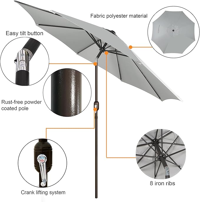 Blissun 9' Outdoor Patio Umbrella, Outdoor Table Umbrella, Yard Umbrella, Market Umbrella with 8 Sturdy Ribs, Push Button Tilt and Crank