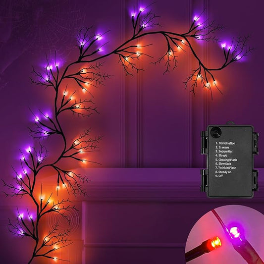 6 Ft 54 LED Halloween Willow Vine Twig Decor Garland with 8 Modes Timer Orange & Purple Lights Waterproof Battery Operated Halloween Decorations for Home Bedroom Wall Fireplace Mantle Decor