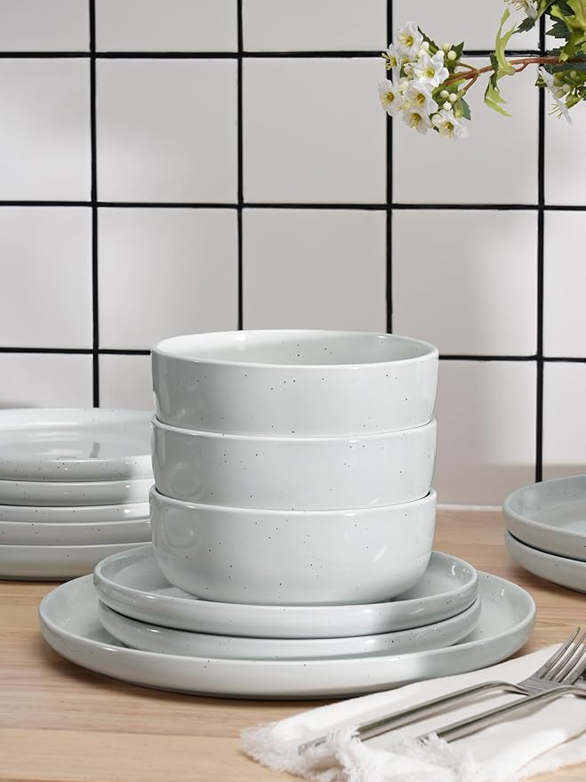Famiware Dawn Dinnerware Sets, 18 Piece Dish Set with Speckled Design, Plates and Bowls Sets for 6, White
