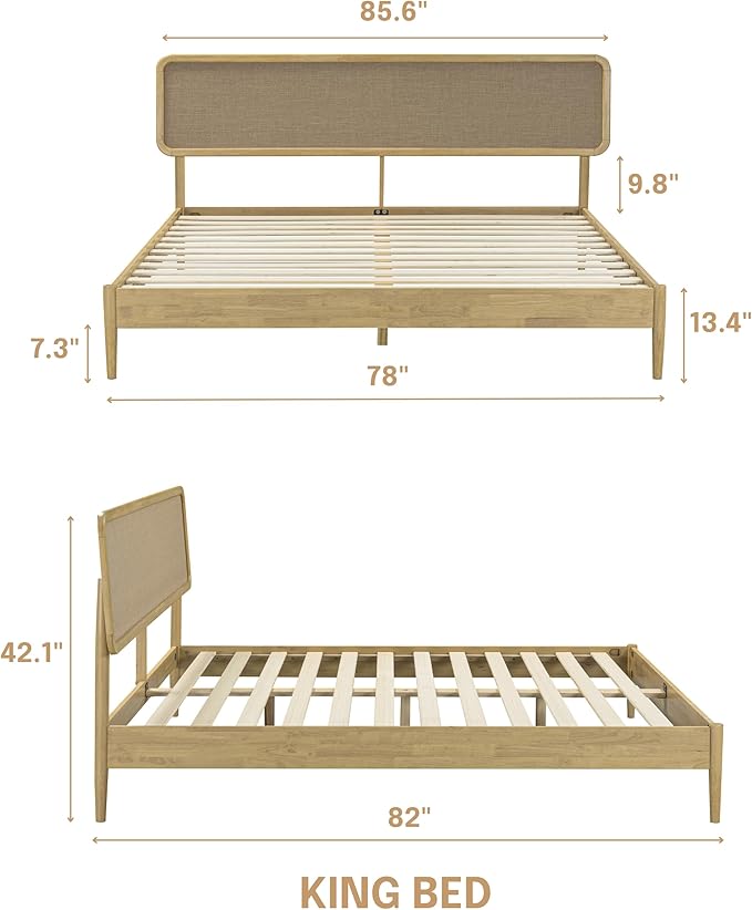 NTC Lupin Wooden Bed Frame with Headboard, Solid Oak and Rubber Wood Foundation with Silent Slats and Wood Central Supports, 1000 Lb Capacity, King - Sand