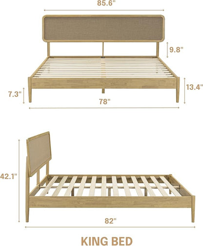 NTC Lupin Wooden Bed Frame with Headboard, Solid Oak and Rubber Wood Foundation with Silent Slats and Wood Central Supports, 1000 Lb Capacity, King - Sand