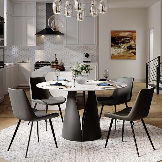 POVISON Modern Round Dining Table for 4, Marble Dining Room Table Round 47" Matte White Sintered Stone Tabletop with Solid Black Carbon Steel Pedestal, Circle Dining Table for Kitchen(Table Only)
