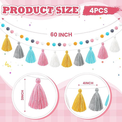 Syhood 4 Pcs Christmas Pom Pom Tassel Garland Felt Pompom Ball Banner Christmas Tassel Garland for Xmas Tree Hanging Decorations Party Supplies Home Decor(Soft Color)