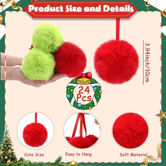 24 Pcs Red and Green Furry Christmas Ball Ornaments for Tree 3.94 Inches Large Pom Pom Ball Christmas Hanging Decoration for Party Supplies Fireplace Mantel Wall Decor