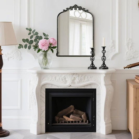 WallBeyond Black Antique Mirror for Vanity 22x30 Inch, Black Vintage Mirror with Ornate Frame, Arched Vintage Wall for Bathroom, Living Room, Fireplace