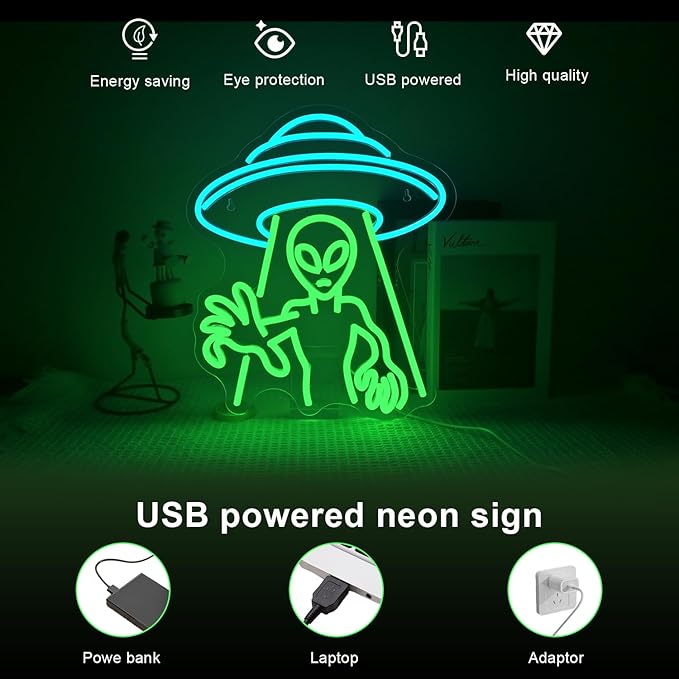 Lucunstar Alien Neon Sign,Green Led Wall Decor,LED Alien Neon Light, Shop Bar Man Cave,Teen Room,Game Room Decor,Hip Hop Party Neon Signs Wall Decor,Party Bedroom
