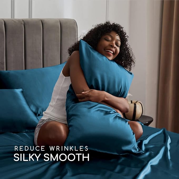 MR&HM Satin Bed Sheets, Full Size Sheets Set, 4 Pcs Silky Bedding Set with 15 Inches Deep Pocket for Mattress (Full, Teal)