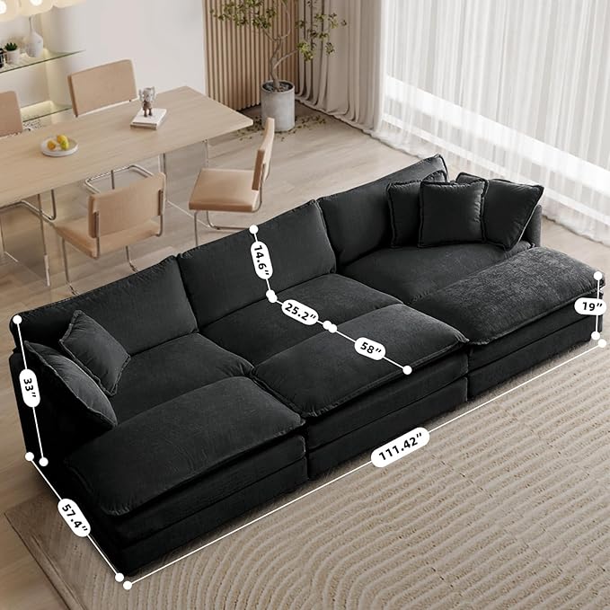 SoarFlash Chenille Sectional Sofa, Comfy Modular Coush Sofa with Ottoman, Modern 3 Seat Recliner Deep Seat Sofa Set for Living Room,Grey