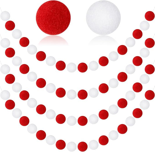 MARFOREVER 4 Pack 26.3 Feet Red and White Christmas Decorations Christmas Pom Pom Garland 30 Balls Xmas Felt Ball Garland for Xmas School Classroom Mantel Wall Home Party Decor Hanging Ornaments