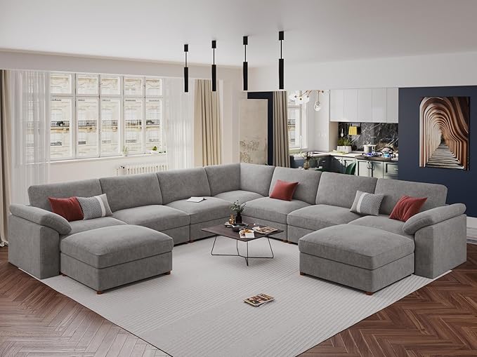 EASE MOOSE Oversized Modular Sectional Sofa with Ottoman, Modern Luxury Wide Deep Modular Couch, U Shaped Couch for Big Spaces Living Room, Light Gray