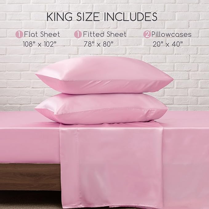 MR&HM Satin Bed Sheets, King Size Sheets Set, 4 Pcs Silky Bedding Set with 15 Inches Deep Pocket for Mattress (King, Pink)